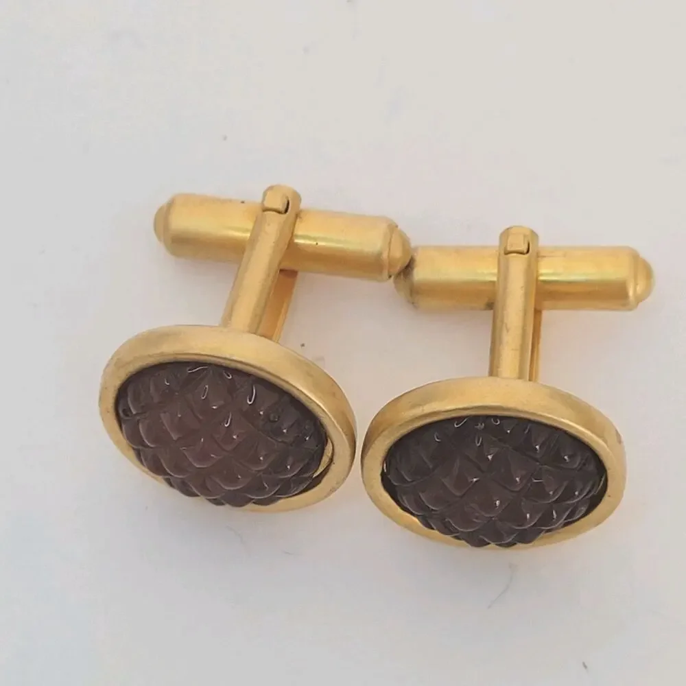 Anne Klein Gold Brown Cabochon Tone Cufflinks Vintage Round Retro Bullet
